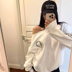 Chrome Hearts White Long Sleeve with ribbed neck off-shoulder design
